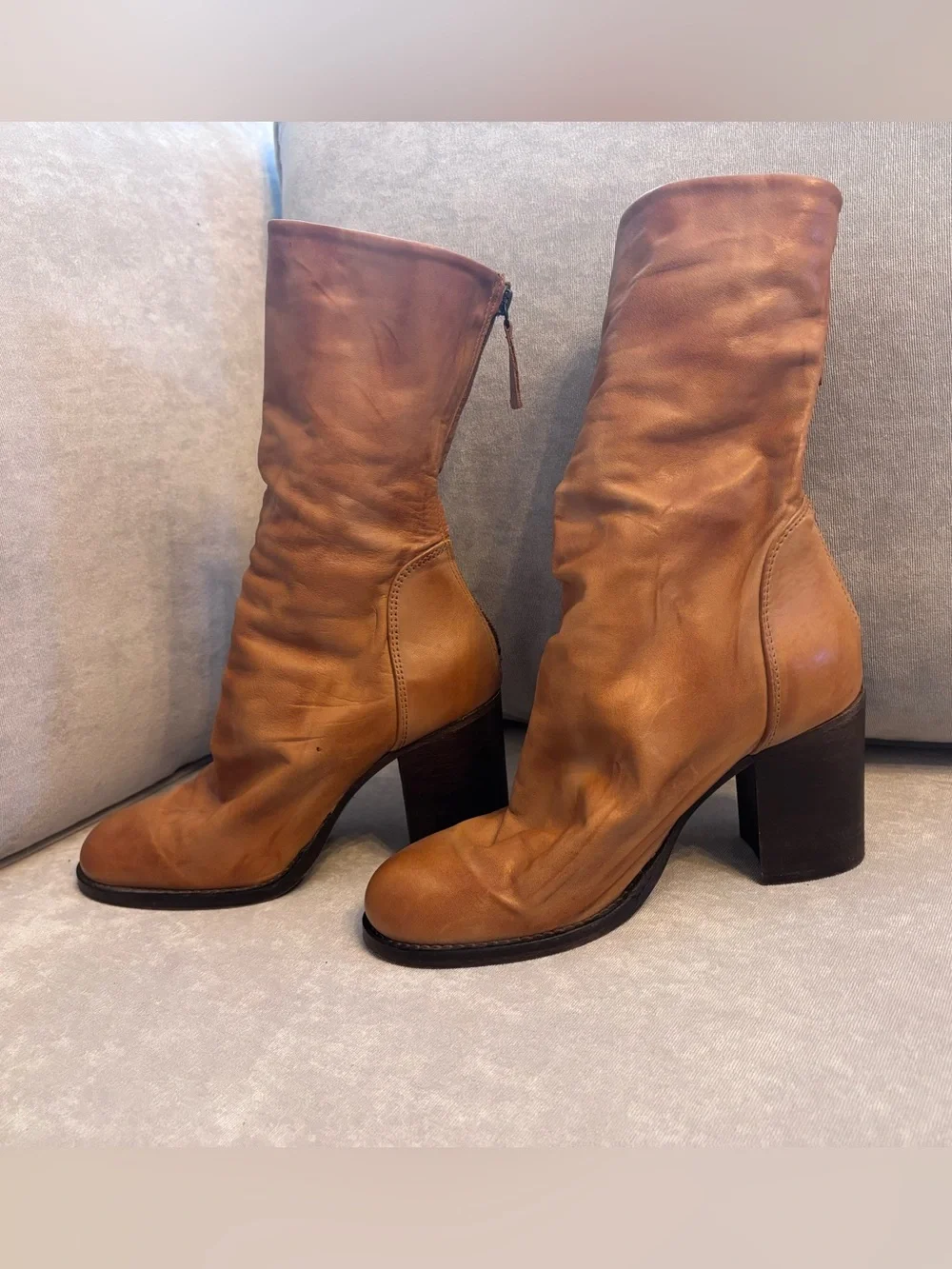 Free People Tan Leather Mid-Calf Block Heel Boots